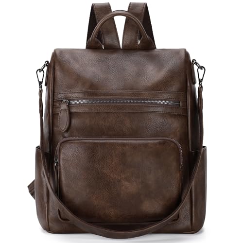 RAVUO Damen Rucksack, Leder Anti Diebstahl Rucksackhandtaschen 2 in 1 Handtasche Elegant Cityrucksack Mittelgroß Kaffee von RAVUO