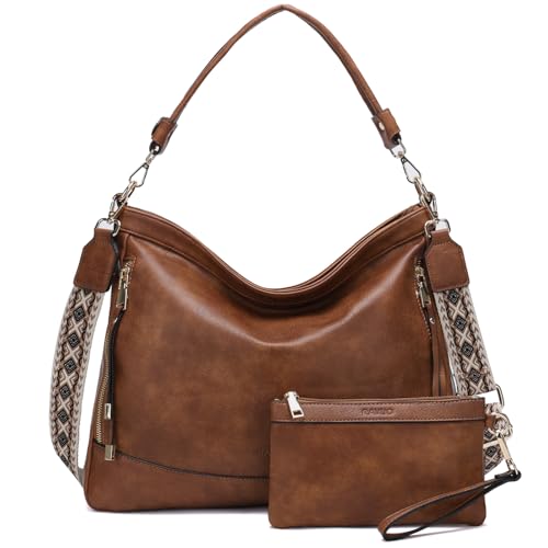 RAVUO Handtasche Damen, PU Leder Umhängetasche Shopper Hobo Tasche mit Abnehmbarem Schulterriemen Groß Schultertasche 2-teiliges Set inkl Geldbörse Braun von RAVUO