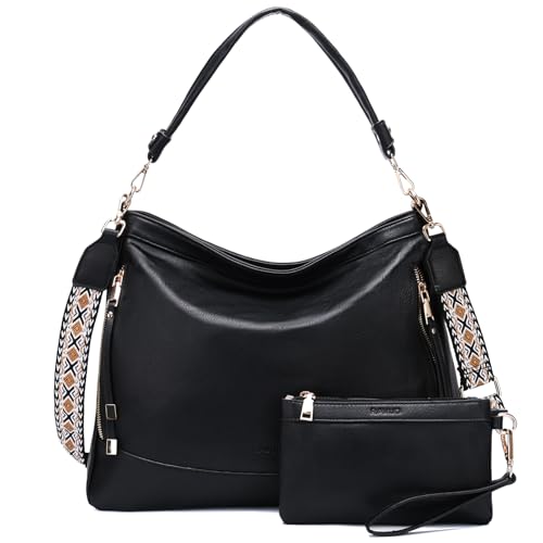 RAVUO Handtaschen Damen Mittelgroß, Shopper Lederhandtasche Umhängetasche Elegant Hobo Taschen Set Schultertasche für Büro Schule Einkauf Reise,Schwarz von RAVUO