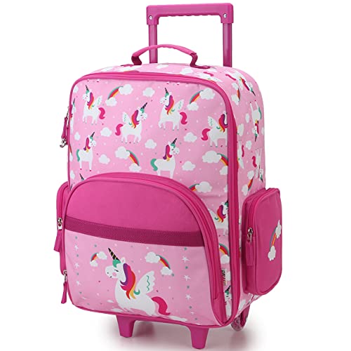 RAVUO Kindergepäck mit Rädern für Jungen und Mädchen, niedlicher Reise-Koffer für Kinder, Kleinkinder, klassisches Rollgepäck mit großer Fronttasche für Schule und über Nacht, Rosa, Einhorn von RAVUO