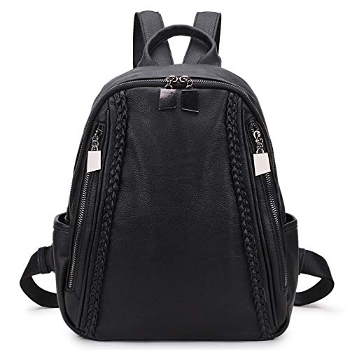 RAVUO Leder Rucksack für Damen Casual Daypack Leichte Mode Schule Rucksäcke Schwarz von RAVUO