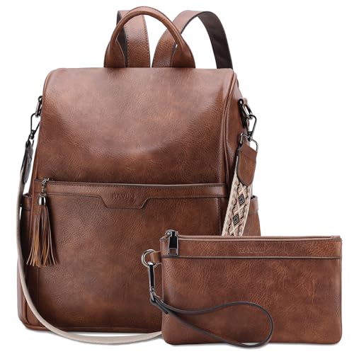 RAVUO Rucksack Damen, Anti Diebstahl Pu Leder Rucksack Tasche 2 in 1 Elegant Cityrucksack Wasserdicht Rucksackhandtasche mit Geldbörse,Braun von RAVUO