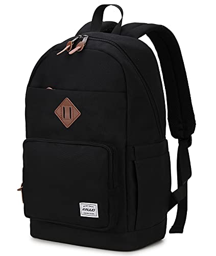 RAVUO Rucksack Männer, Wasserdicht 15,6 Laptop Rücken Damen Büchertaschen College Tagesrucksack Schwarz Schultasche Tasche mit Zwei Fronttaschen von RAVUO