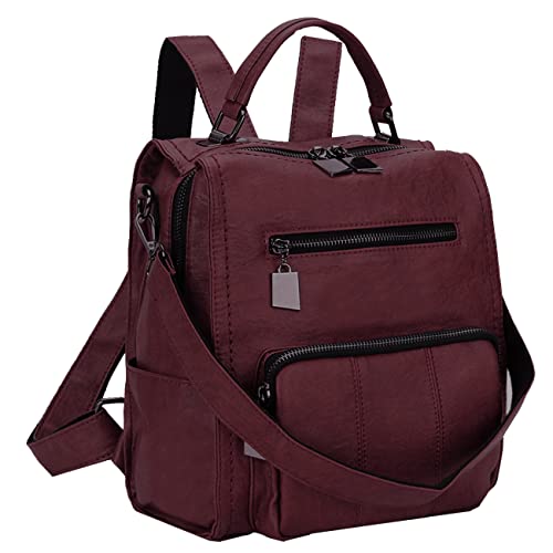 RAVUO Damen Rucksack Klein, Soft Pu Leder 2 in 1 Rucksackhandtasche Vielseitiges Design Schultertasche Kleine für Reisen, Arbeit, Schule,Rote von RAVUO