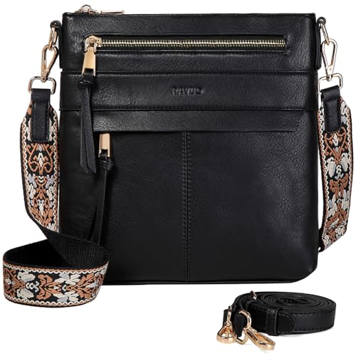 RAVUO Umhängetasche Damen, Stylisch Handtasche Mittelgroß PU Ledertasche Crossbody Shoulder Bags mit 2 Verstellbar Abnehmbar für Tägliches Arbeiten Einkaufen Schwarz von RAVUO