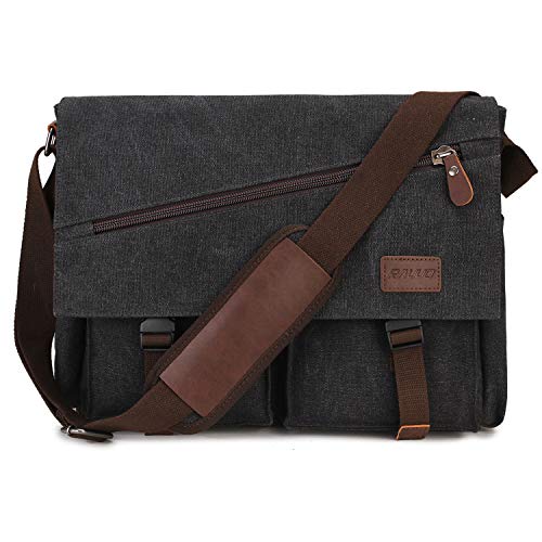 RAVUO Umhängetaschen Herren,Wasserabweisende Unisex Canvas Messenger Bag für 14 Zoll Laptop Vintage Cross Body Schultertasche für Arbeit und Schule Black-14 Zoll von RAVUO