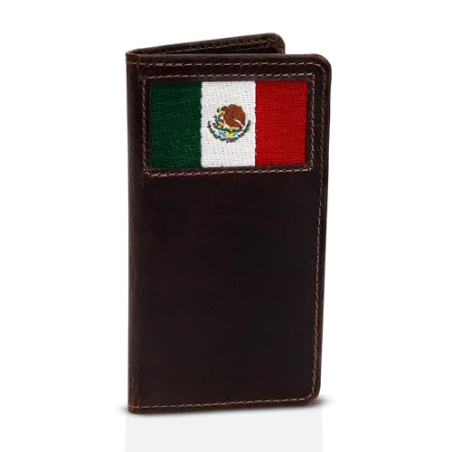 RAW HYD Lange Geldbörse mit mexikanischer Flagge, 17,1 cm hoch, Vollnarbenleder, 100 % mexikanische Flagge, Geschenk für mexikanische Männer, Carteras Vaqueras Para Hombres, Braun, 3.5" x 6.75", von RAW HYD