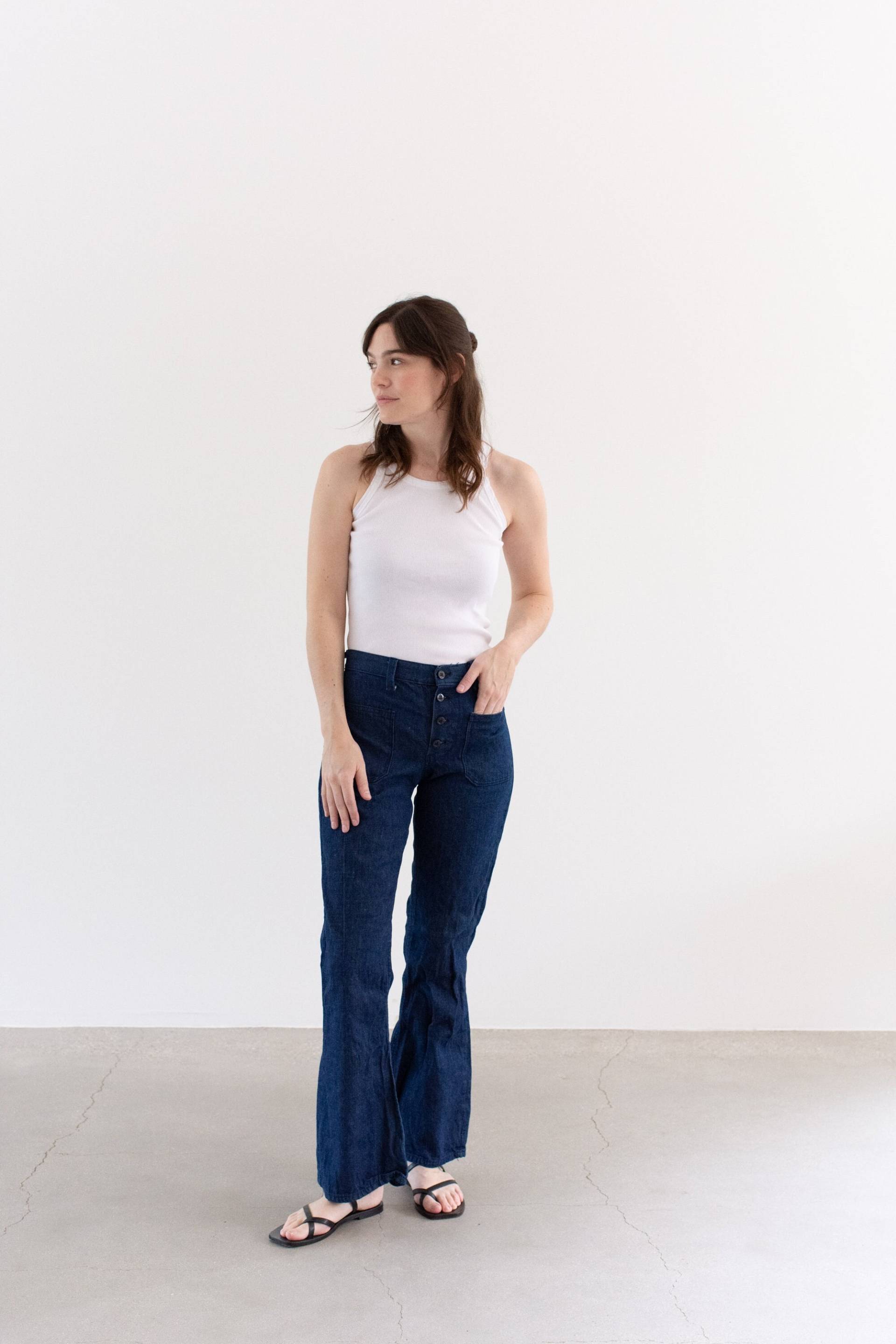 Vintage 25 26 27 28 29 Taille Dark Wash Anchor Button Fly Flare Denim | 70Er Jahre Schlaghose Sailor Kick Flares Maritim Jane Birkin Jeans Fl040 von RAWSONSTUDIO