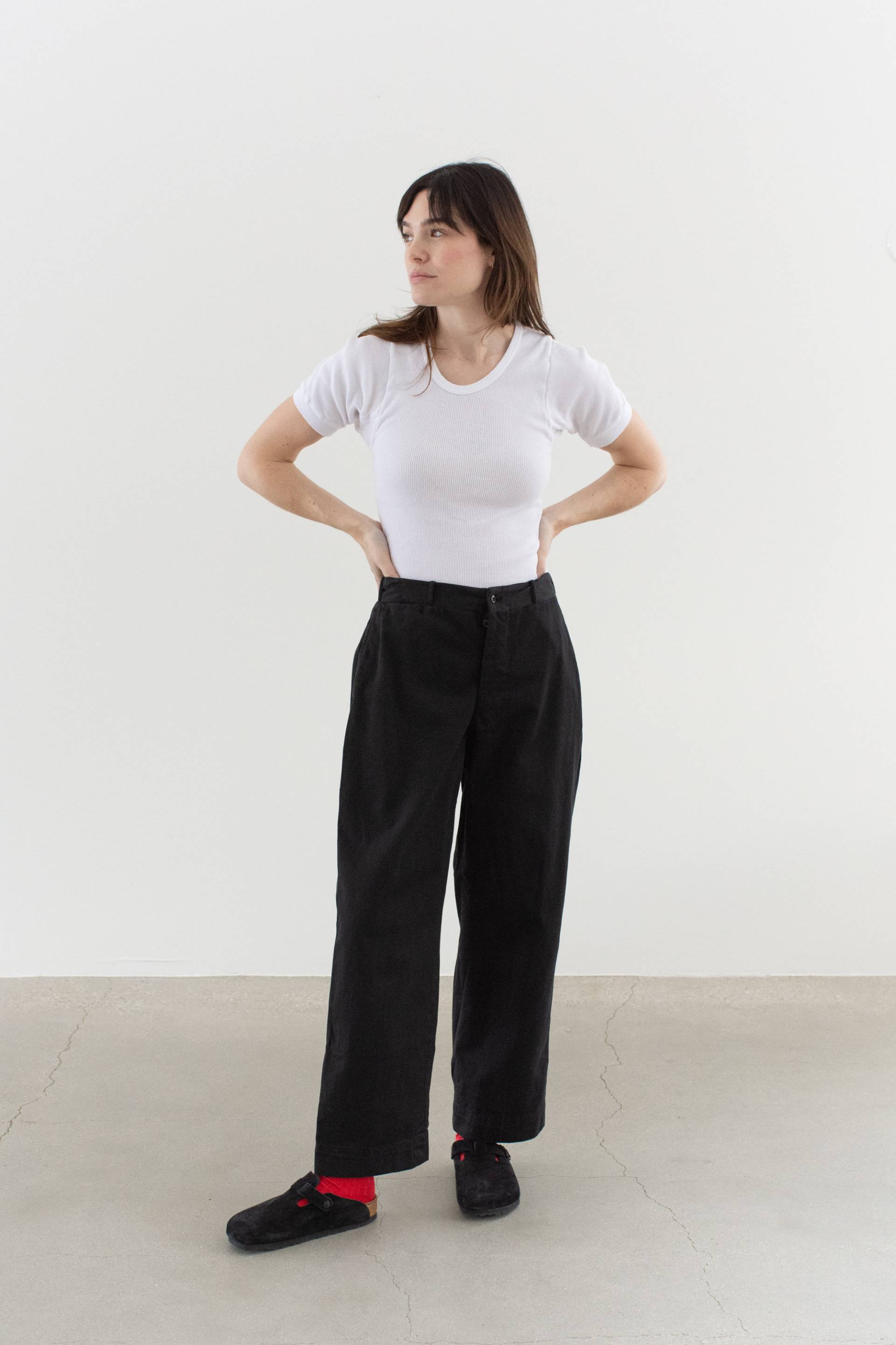 Vintage 30 Taille Schwarze Baumwoll-Twill-Chinos | Unisex-Utility-Pant-Hose Mit Hohem Bund Und Geradem Bein P198 von RAWSONSTUDIO