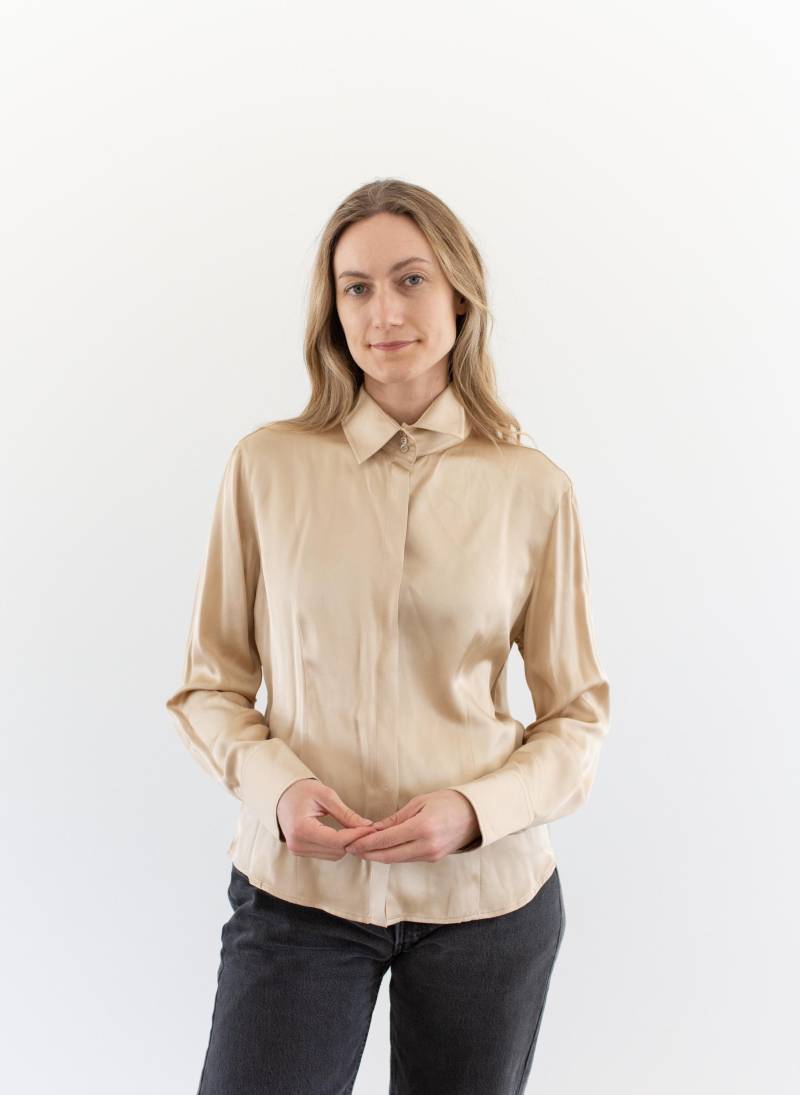Vintage Beige Champagner Seidenbluse | Armani Collezioni Designer Hemd Hergestellt in Italien Y2K Xs von RAWSONSTUDIO