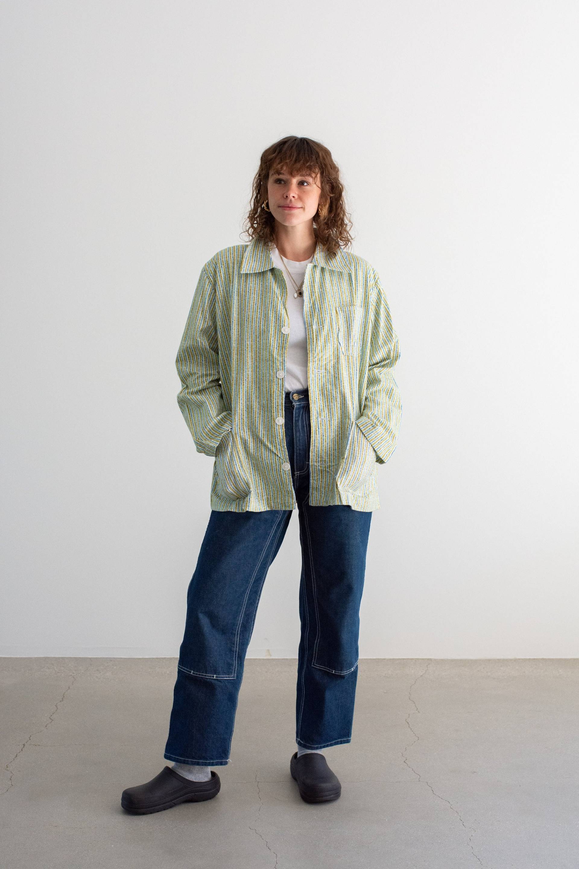 Vintage Blau Gelb Gestreifte Hemdjacke | Unisex Flanell Streifen Baumwolle Pyjama Chore Shop L Sj025 von RAWSONSTUDIO