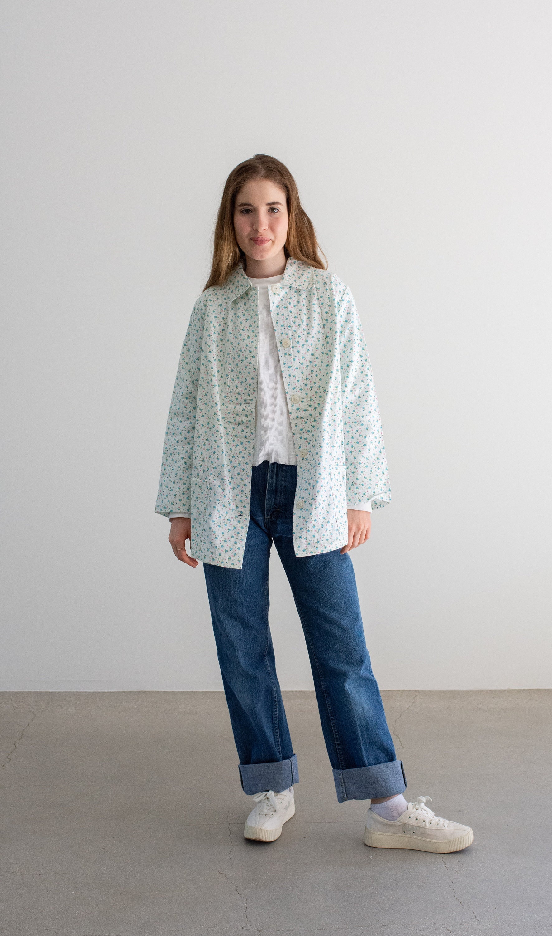 Vintage Blau Micro Floral Print Shirt Jacke | Flanell-Baumwoll-Pyjama-Hemd S M Sj024 von RAWSONSTUDIO