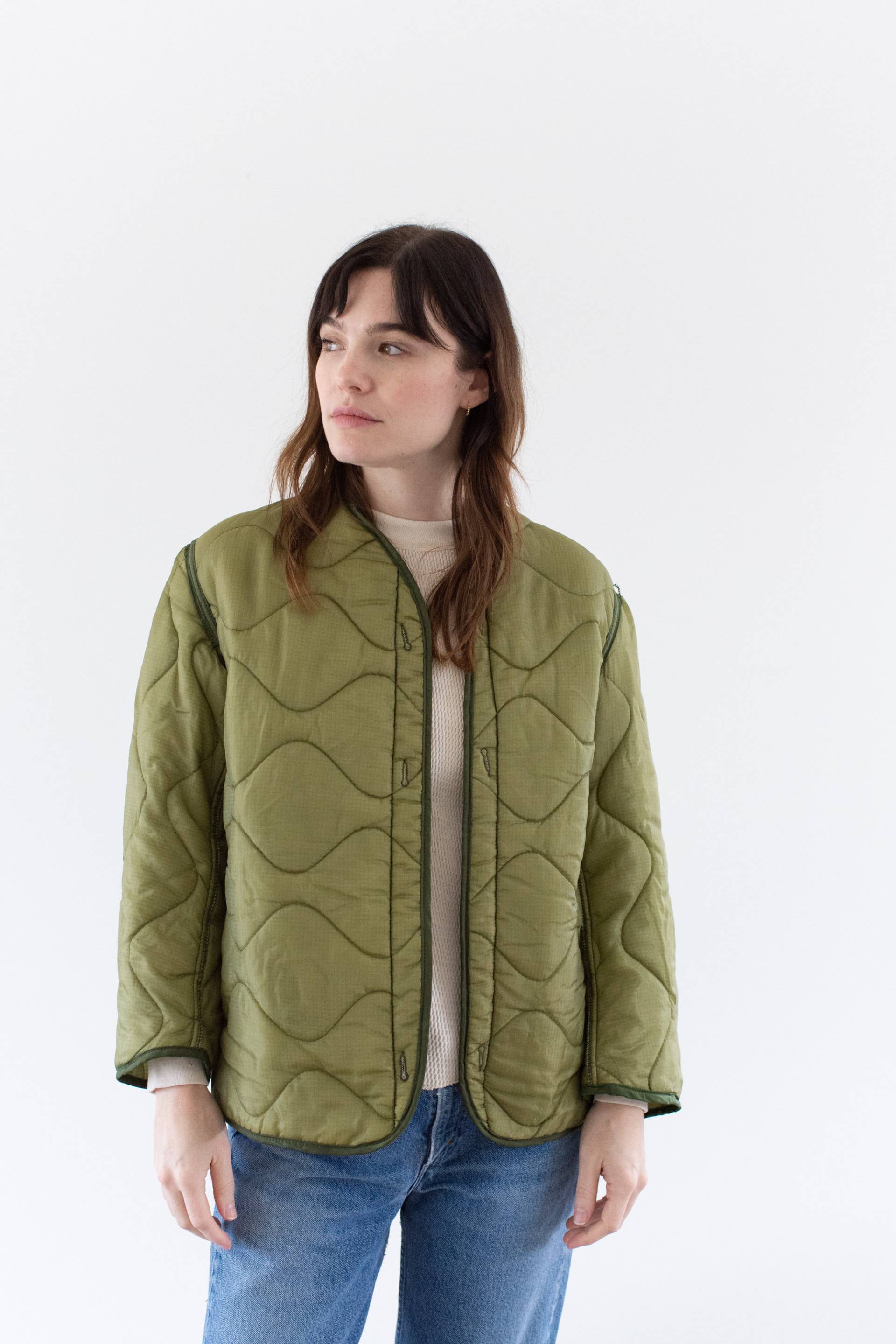 Vintage Celery Green Liner Jacke | Unisex-Mantel Aus Gewelltem, Gestepptem Nylon S Li256 von RAWSONSTUDIO