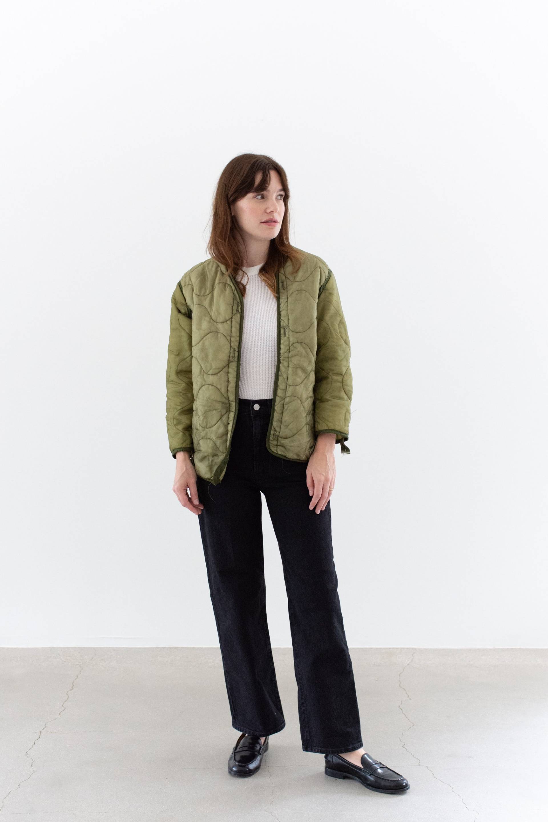 Vintage Celery Green Liner Jacke | Unisex Gewellter Gesteppter Nylonmantel Xs-S Li201 von RAWSONSTUDIO