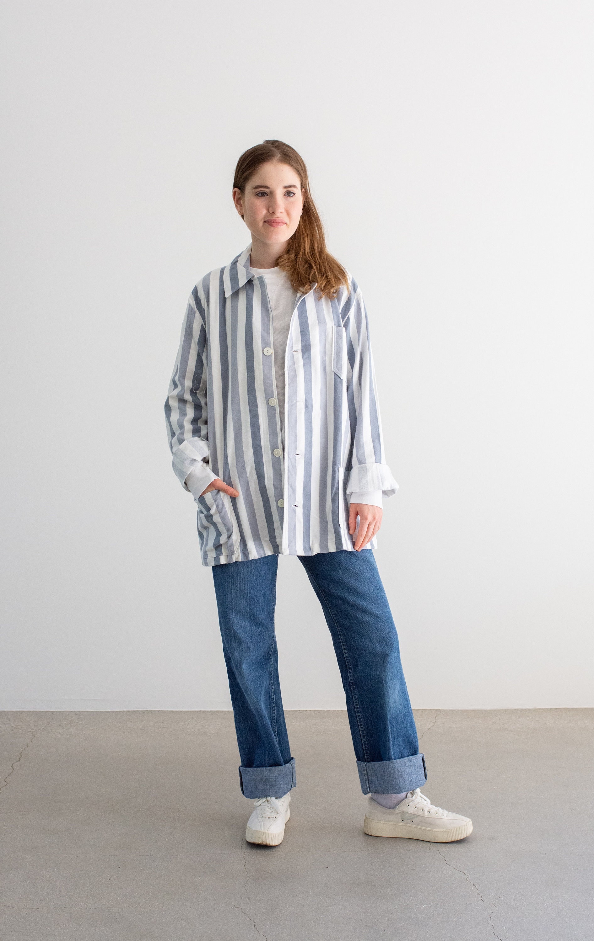 Vintage Grau-Weiß Gestreifte Hemdjacke | Unisex Flanell Streifen Baumwolle Pyjama Hausarbeit L Sj028 von RAWSONSTUDIO