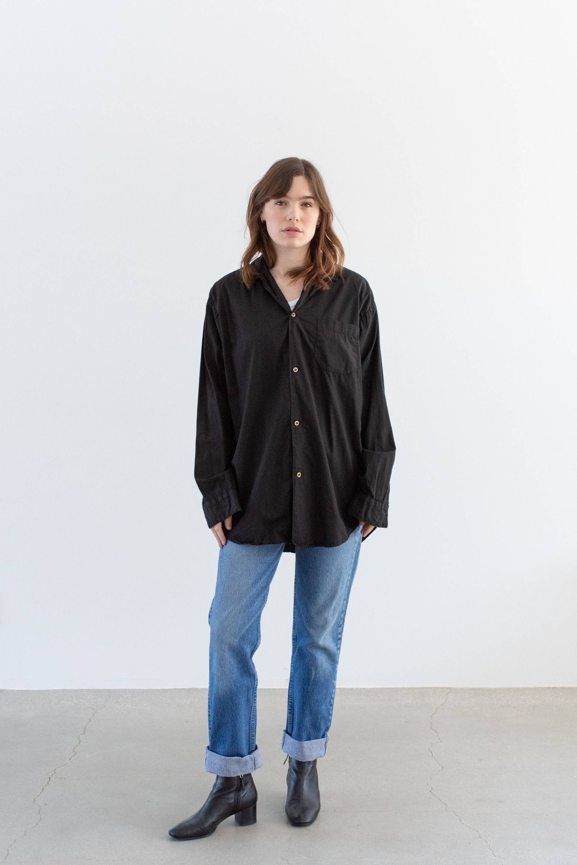 Vintage Schwarzes Langarmshirt | Einfache Bluse Arbeitshemd Aus 100 % Baumwolle L Bls003 von RAWSONSTUDIO