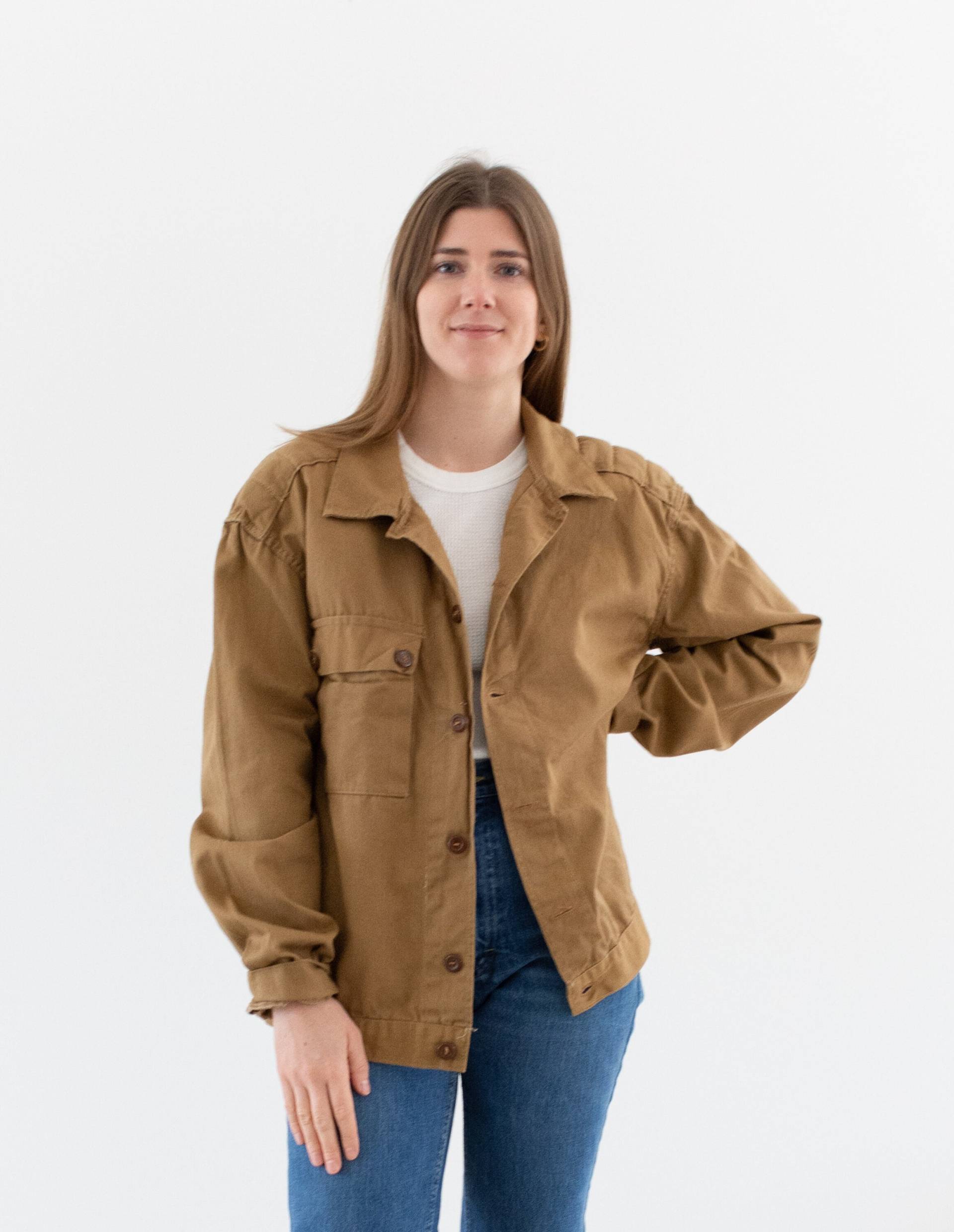 Vintage Tan Khaki Arbeitsjacke Mit Einer Tasche | Unisex Schulterpolster Utility Hergestellt in Italien L Xl It359 von RAWSONSTUDIO