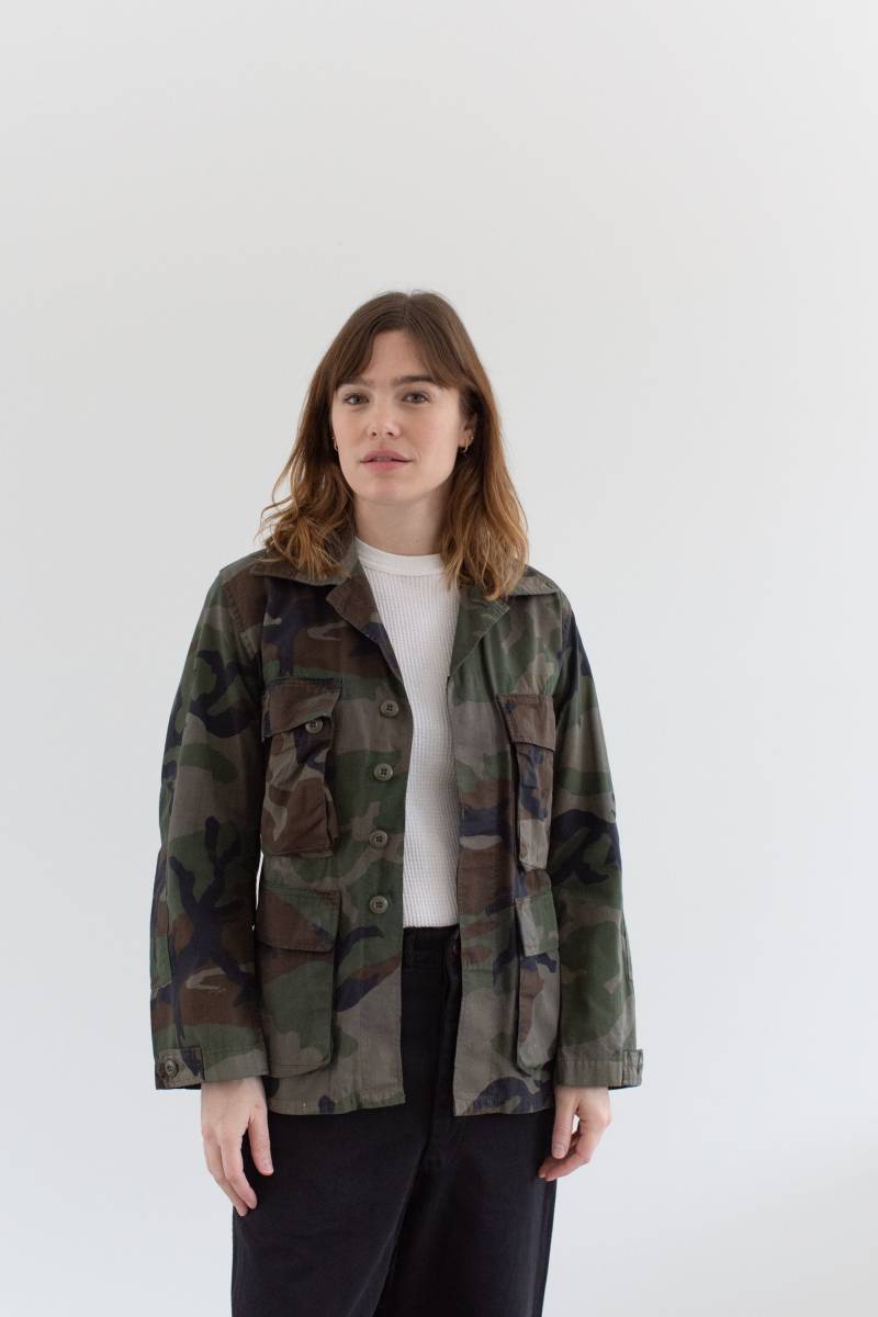 Vintage Verblasste Grün Braune Ripstop Camo Overshirt-Jacke | Unisex Camouflage Baumwolle Oberbekleidung Frühling Xs-S 007 von RAWSONSTUDIO