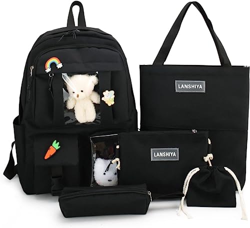 RAXELL Kawaii Rucksack 5Pcs Set für Schüler mit nettem Bären Zubehör für Schultaschen für Teen Mädchen Zurück zu Schulbedarf (I) von RAXELL