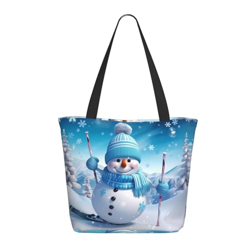 RAXER 3D Schöne Weihnachtstasche, Cartoon-Ski, Schneemann, Schneeflocke, große Handtasche, Druck, weiches Polyester, Schultertasche mit Reißverschluss, für Freizeit, Schule, Arbeit, Schwarz , von RAXER