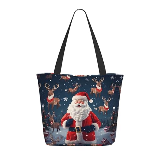 RAXER Weihnachtstasche für Damen, Weihnachtsmann, große Handtasche, bedruckt, weiches Polyester, Schultertasche mit Reißverschluss, für Freizeit, Schule, Arbeit, Schwarz , Einheitsgröße von RAXER