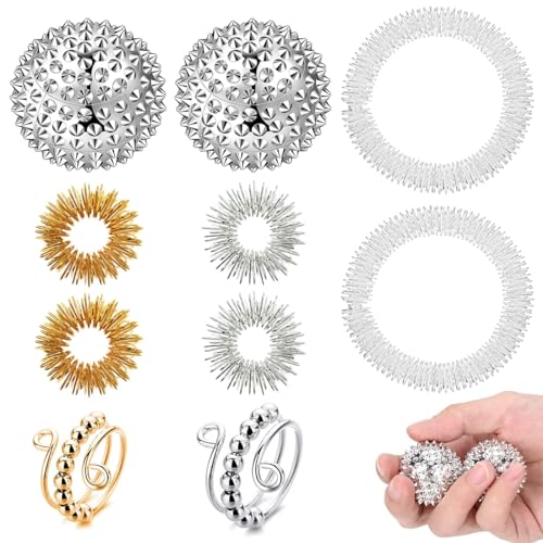 RAXLUPO 10 Stück Anti Stress Ring Set 2 Verstellbare Anti Stress Ring 2 Igelball Massageball 4 Akupressur Ring 2 Massage Armbände, für Mädchen Und Frauen Stress Relief Ängstlichkeit von RAXLUPO