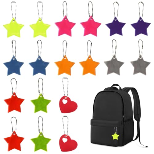 RAXLUPO 18 Stück Reflektor Anhänger Reflektor Anhänger für Schultasche 8 Farben Stern Herzform Reflektoren Kinder Reflektor Anhänger schlüsselanhänger für Kinder Schulranzen Rucksack Running Radfahren von RAXLUPO