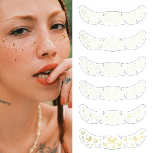RAXLUPO 6 Pcs glitzer gesicht Glitzer Sommersprossen Gesicht Tattoo Gesicht Glitzer Make-up Patches Gold Gesicht Glitter Make-up Flecken,Süße Glitzer Make-up Zubehör für Mädchen Frauen von RAXLUPO