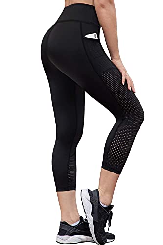 RAYPOSE Capri Leggings Damen High Waist Push Up Sportleggins Gym Sporthose 3/4 mit Tasche(785-Schwarz,XL) von RAYPOSE