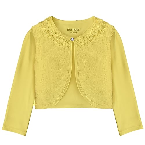 RAYPOSE Mädchen Bolero Basic Strickjacke Baumwolle Einfarbig Achselzucken Schulterjacke 3/4 Ärmel mit Spitze (DE/NL/SE/PL, Alter, 7 Jahre, 8 Jahre, Regular, Hellgelb) von RAYPOSE