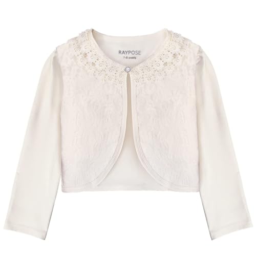 RAYPOSE Mädchen Bolero Basic Strickjacke Baumwolle Einfarbig Achselzucken Schulterjacke 3/4 Ärmel mit Spitze(Ivory,4-5Jahre) von RAYPOSE