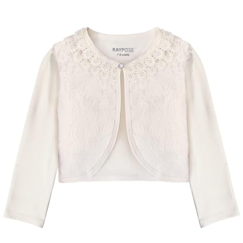 RAYPOSE Mädchen Bolero Basic Strickjacke Baumwolle Einfarbig Achselzucken Schulterjacke 3/4 Ärmel mit Spitze(Ivory,5-6Jahre) von RAYPOSE