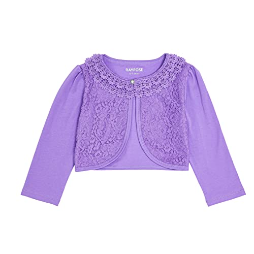 RAYPOSE Mädchen Bolero Basic Strickjacke Baumwolle Einfarbig Achselzucken Schulterjacke 3/4 Ärmel mit Spitze(Purple,6-7Jahre) von RAYPOSE