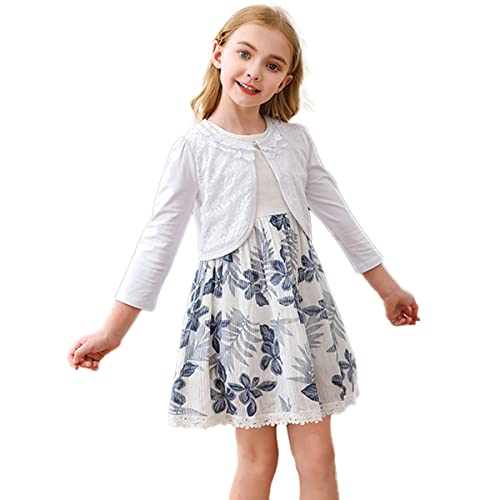 RAYPOSE Mädchen Bolero Basic Strickjacke Baumwolle Einfarbig Achselzucken Schulterjacke 3/4 Ärmel mit Spitze(White,6-7Jahre) von RAYPOSE