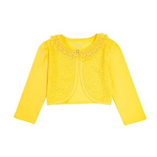 RAYPOSE Mädchen Bolero Basic Strickjacke Baumwolle Einfarbig Achselzucken Schulterjacke 3/4 Ärmel mit Spitze(Yellow,4-5Jahre) von RAYPOSE