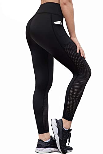 RAYPOSE Sport Leggings Damen High Waist Mesh Lang Sporthose Blickdicht Yoga Hosen mit Tasche（Schwarz,XXL） von RAYPOSE