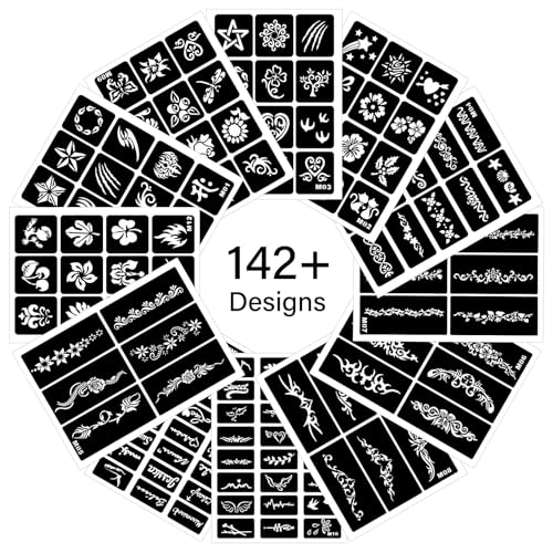Henna Schablonen, 142 Stück Temporäre Henna Tattoo Schablonen, 12 Blätter Henna Tattoo Set für Frauen Mädchen Teens Face Paint Body Art von RAZET