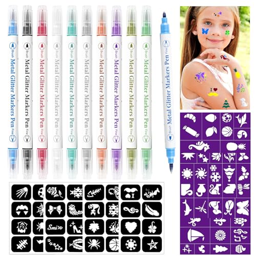 RAZET Tattoo Stifte Kinder, Glitzer Tattoo Set Kinder mit 10 Glitzer Tattoostifte, 72 Tattoo Schablonen Kinder, Tattoos Mädchen, Geschenk Mädchen 3 4 5 6 7 8 Jahre von RAZET
