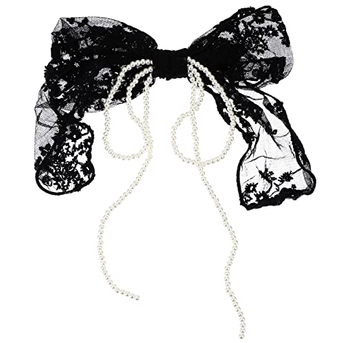 Koreanische Kopfbedeckung Vintage mit Haarnadeln Clips Kette Haarnadel Romantische Haarspange für große Spitze Dekoration Party Haarspangen Zubehör Schleife Clip Damen Schwarz Dekor Perle Knoten von RAZZUM