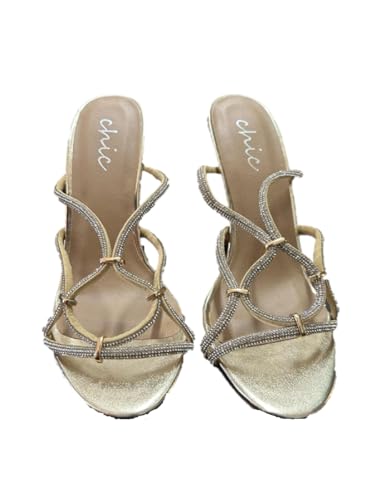 RB INTERNATIONAL Gold Diamante Riemchensandalen mit Absatz für Damen – offener Zehenschieber für draußen, bequeme Schuhe (Größe 36-42), gold, 38 EU von RB INTERNATIONAL