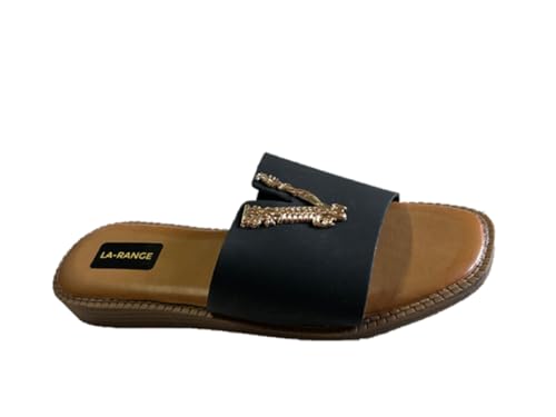 RB INTERNATIONAL LARANGE Sandalen für Damen – Schwarz Gold Niedriger Keilabsatz Slides – Offener Zehenbereich Slip-On, bequeme Urlaubsschuhe (Größe 36-42), Schwarz , 41 EU von RB INTERNATIONAL