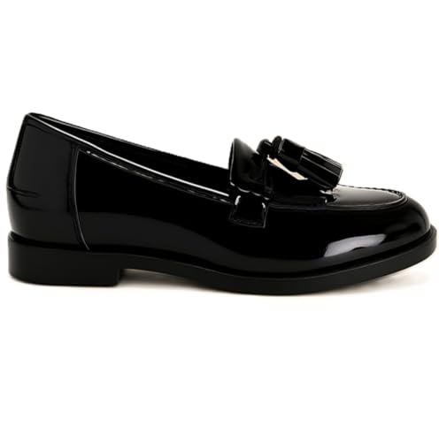 RB INTERNATIONAL Schwarze Lack-Slip-On-Flatform-Slipper für Damen, mit Quaste, bequeme, stilvolle Wanderung, Party, weiche Damenstiefel, Schwarz , 36 EU von RB INTERNATIONAL