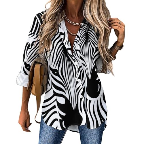 RBAZYFXUJ Damen-Bluse, abstraktes Tier-Zebra-Langarmshirt, Button-Down-Shirt für Arbeit, Party, Abstraktes Tier Zebra, XXX-Large von RBAZYFXUJ