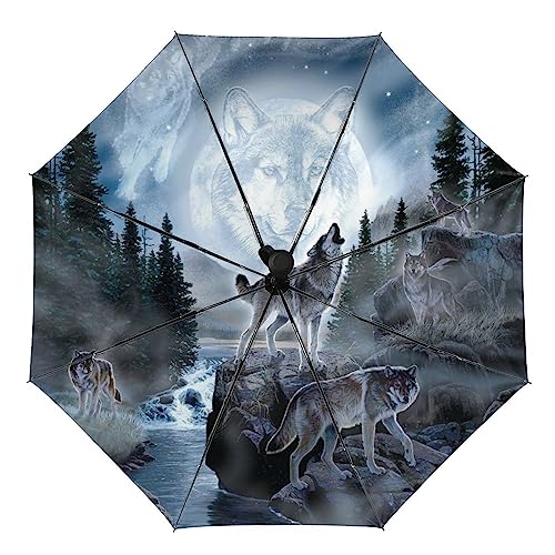 RBAZYFXUJ Regenschirm, Mond Wolf Auto-Regenschirm, Automatisches Öffnen, 3-fach faltbarer Regenschirm für Damen und Herren, Moon Wolf, Einheitsgröße von RBAZYFXUJ