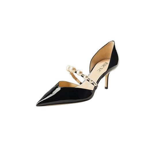 RBCYC Damen Glossy Pumps zum Hineinschlüpfen Perle Knöchelriemen Sandalen Geschlossene Spitze Zehe Schuhe Slip On Stöckelabsatz Hochzeiten Partys EU Size 39 Schwarz von RBCYC