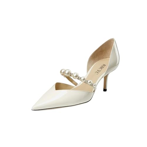 RBCYC Damen Glossy Pumps zum Hineinschlüpfen Perle Knöchelriemen Sandalen Geschlossene Spitze Zehe Schuhe Slip On Stöckelabsatz Hochzeiten Partys EU Size 40 Weiß von RBCYC