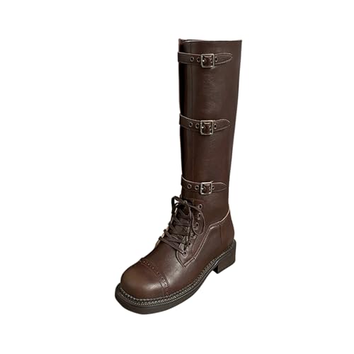RBCYC Damen Hohe Stiefel Rindleder Schlupfstiefel mit Schnürsenkel Kampfstiefel Breite Rounde Zehe Schuhe Niederige Blockabsatz Casual Reisen EU Size 35 Braun von RBCYC