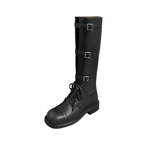 RBCYC Damen Hohe Stiefel Rindleder Schlupfstiefel mit Schnürsenkel Kampfstiefel Breite Rounde Zehe Schuhe Niederige Blockabsatz Casual Reisen EU Size 35 Schwarz von RBCYC