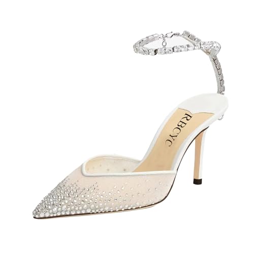 RBCYC Damen Knöchelriemen Pumps Glitzersteine Riemchensandalen Mode Strass Pumpe Slip On Buckle Halbschuhen Spitze Zehe Buckle Schuhe Stiletto Hohere Absatz Hochzeit Club EU Size 38 Glitzersteine von RBCYC