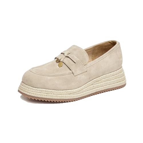 RBCYC Damen Loafer mit weicher Mokassin-Zehenpartie Slip On Pump mit Plateau Geschlossene Rounde Zehe Schuhe Chunky Mittlere Keilabsatz Casual Arbeit EU Size 37 Beige von RBCYC